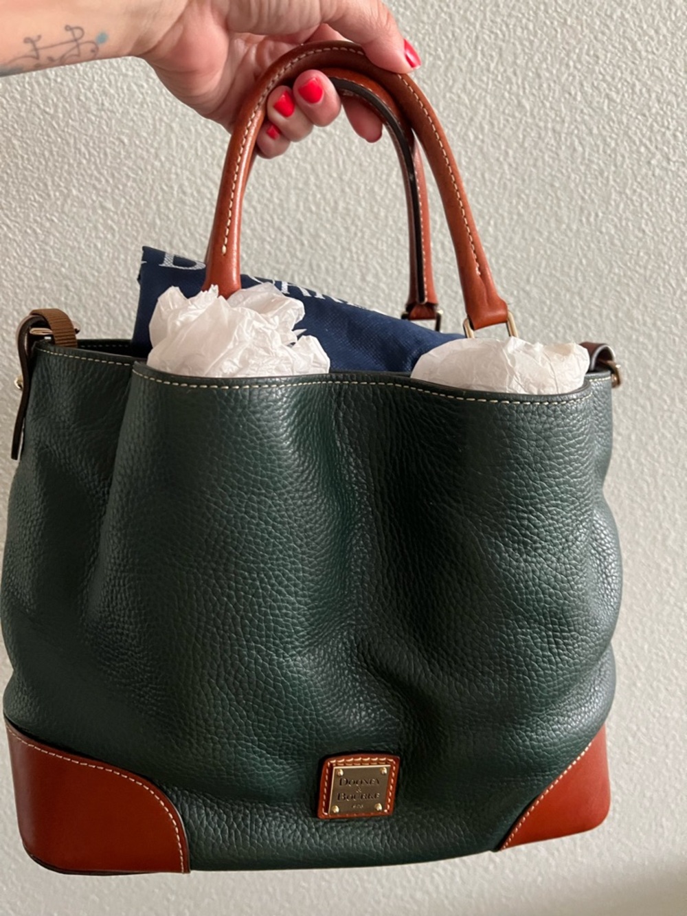 Dooney & Bourke Forest Green Pebbled Leather Tote with Brown Trim
